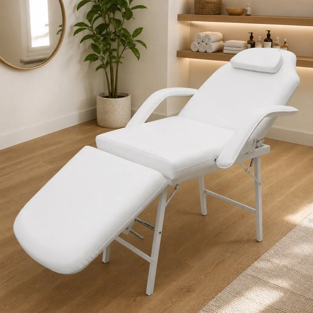 Portable Facial Treatment Chair Adjustable Backrest White Faux Leather