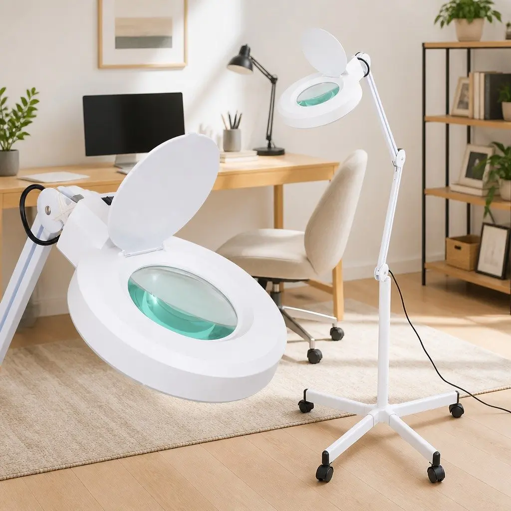 Standing Magnifying Lamp LED Ring Light 5 Dioptres Adjustable Height White