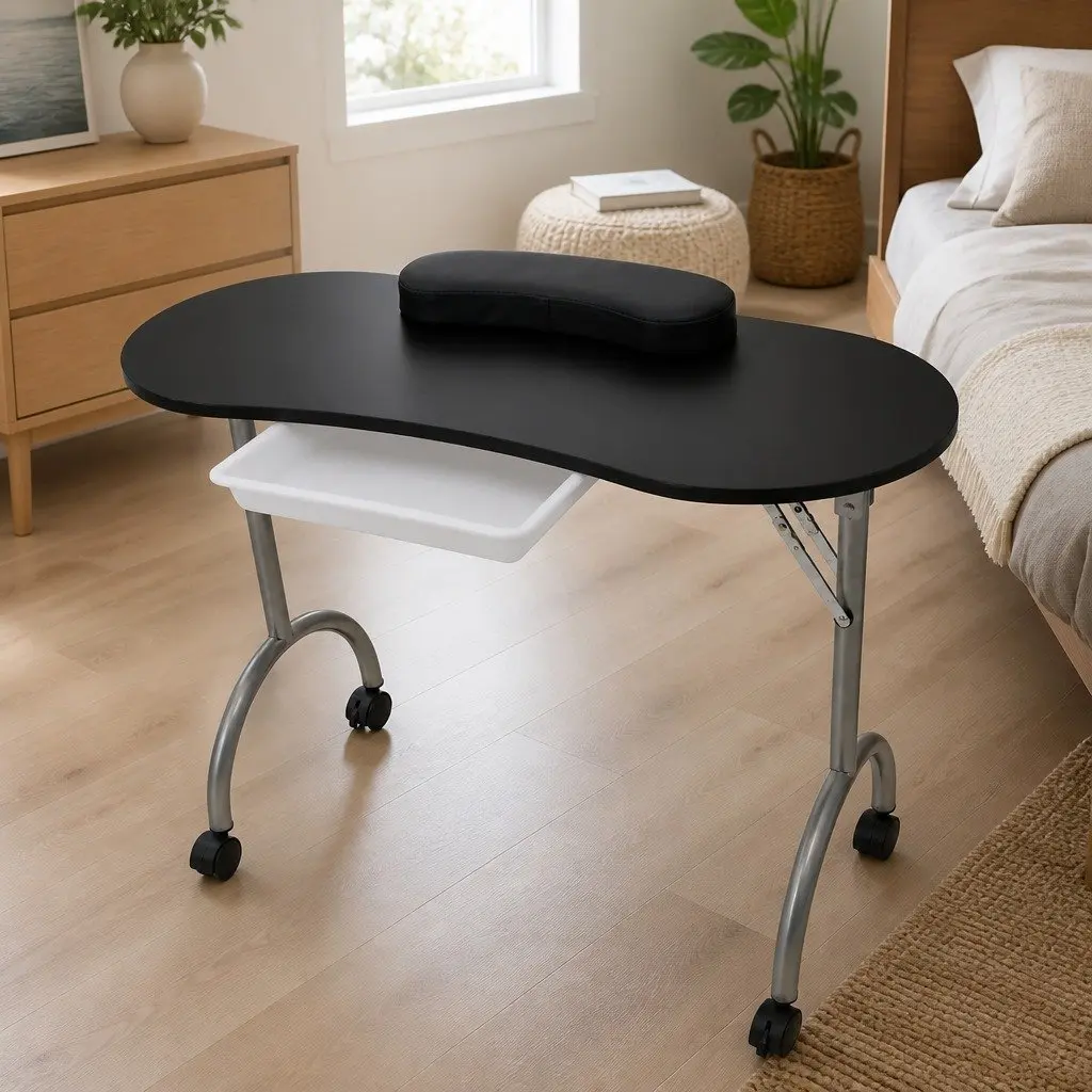 Folding Manicure Nail Table with Wrist Cushion Castors Storage Drawer Black