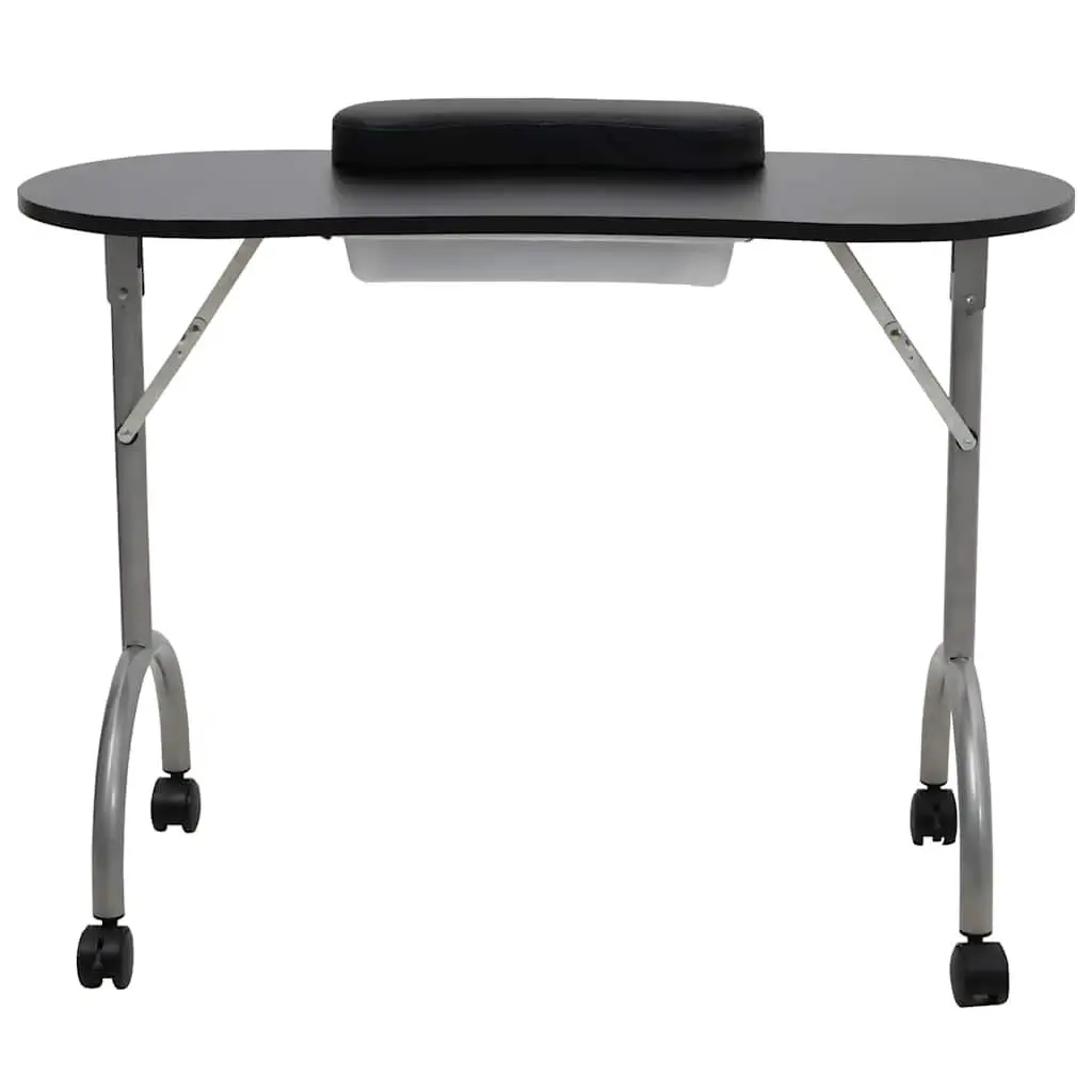 Folding Manicure Nail Table with Wrist Cushion Castors Storage Drawer Black