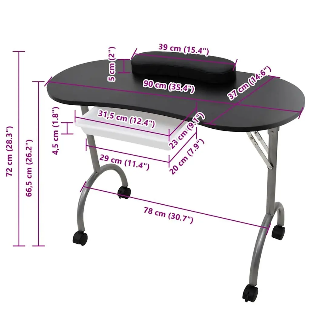 Folding Manicure Nail Table with Wrist Cushion Castors Storage Drawer Black