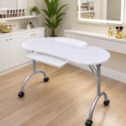Folding Manicure Nail Table with Castors Wrist Cushion White Portable