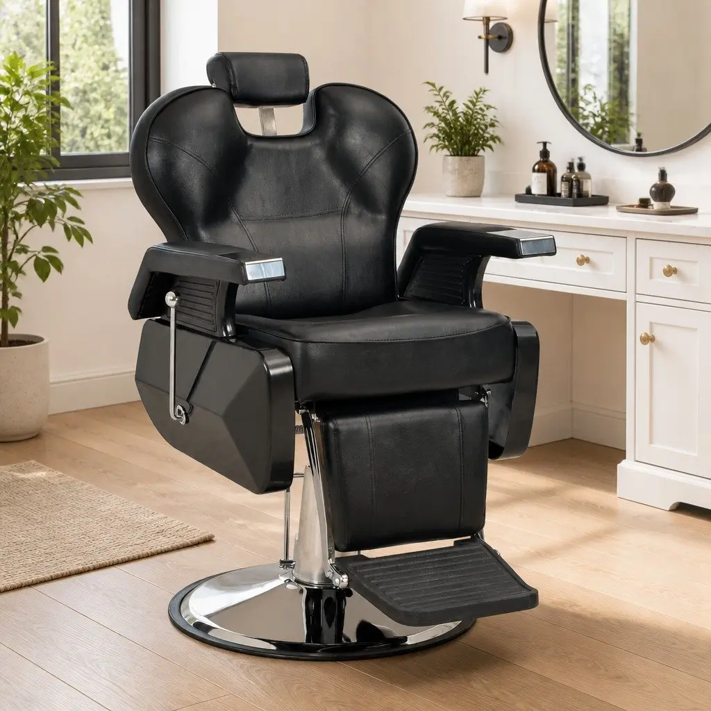Barber Chair Adjustable Headrest Footrest Black Faux Leather