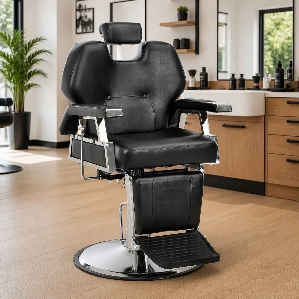 Barber Chair Black Faux Leather 360° Rotatable Adjustable Headrest Footrest