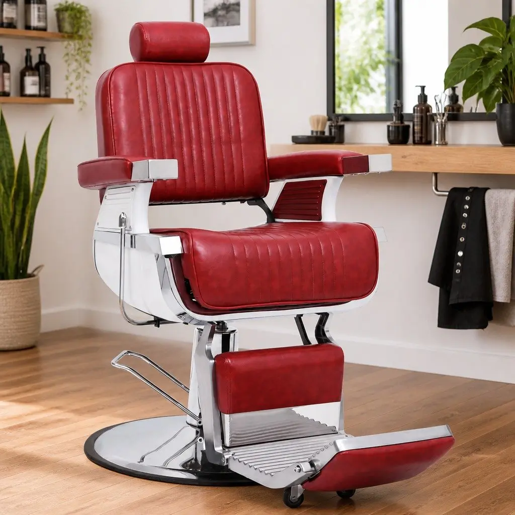 Barber Chair Adjustable Headrest Red Salon Furniture Reclining Seat