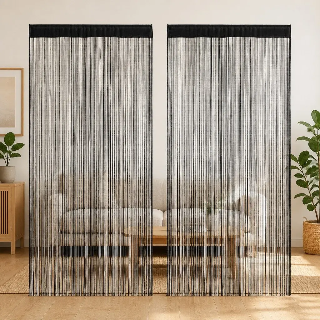 String Curtains 2 pcs 140x250 cm Black Polyester Room Divider Door Decor Panels