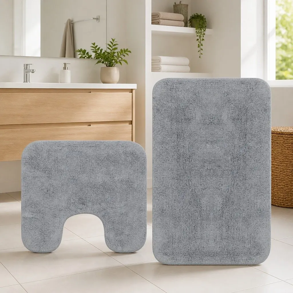 Bathroom Mat Set Non-Slip Water Absorbent Cotton 2 Pieces Grey
