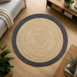 Handmade Jute Area Rug Grey with Dark Border Round Braided Carpet Home Decor