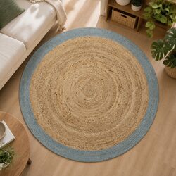 Handmade Jute Area Rug with Olive Green Border Round Braided Natural Carpet Home
