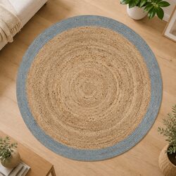Handmade Jute Area Rug Natural Centre Olive Green Border Round Carpet Home Decor
