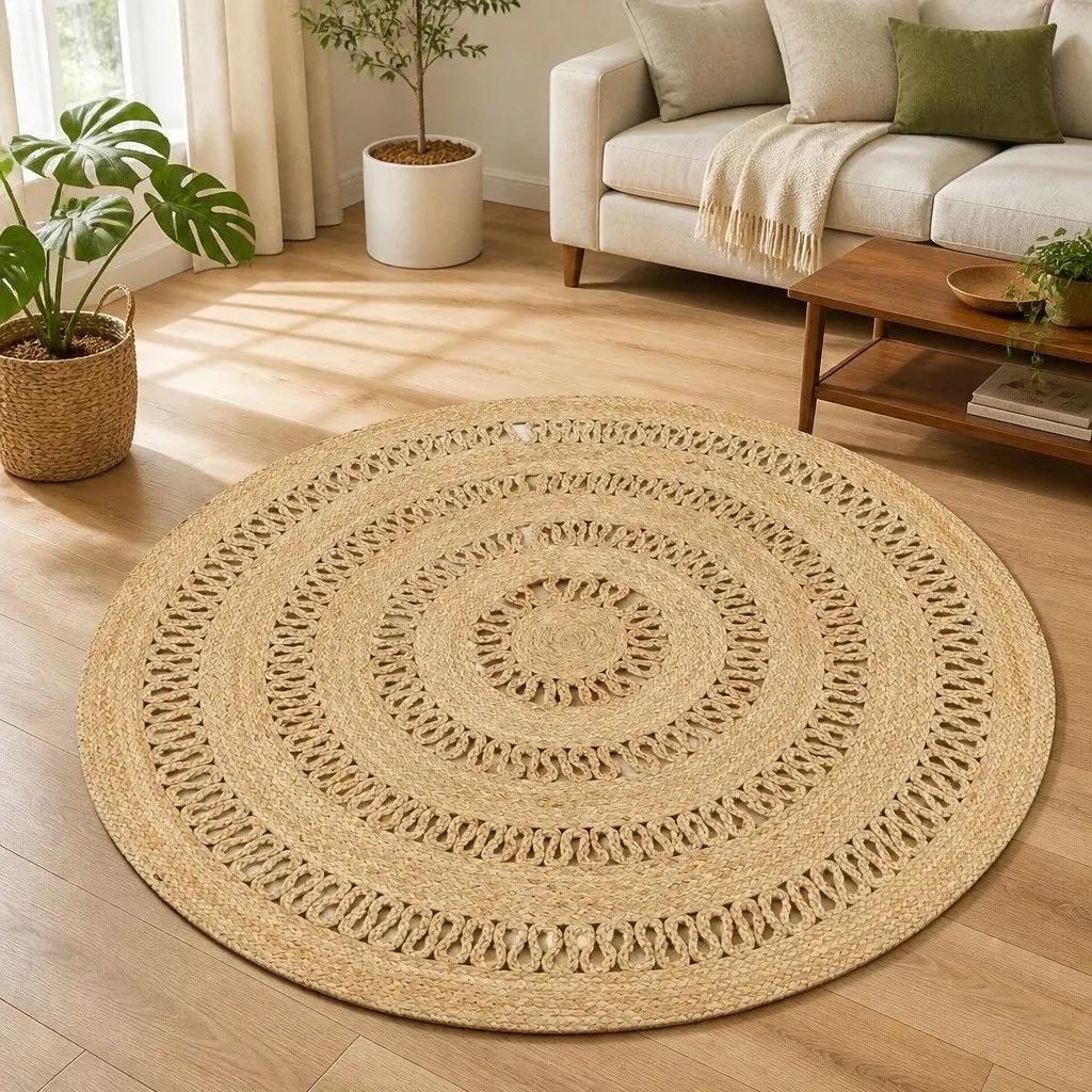 Braided Jute Area Rug Handmade Round 120cm Brown Natural Fiber Home Decor
