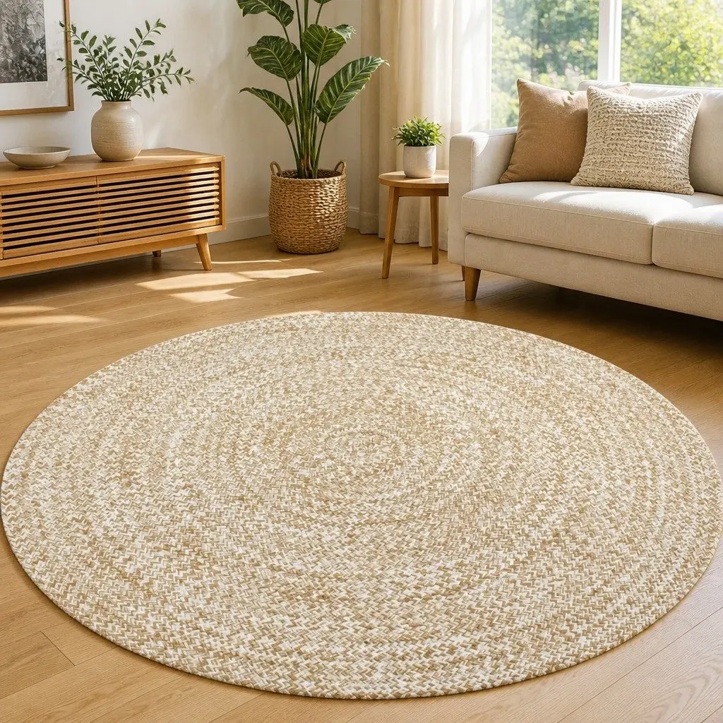 Handmade Braided Jute Area Rug 90cm Round White Natural