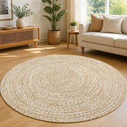 Handmade Braided Jute Area Rug White Natural 90cm Round Woven Home Decor