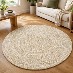 Handmade Braided Jute Area Rug White Natural Round Woven Carpet Home Decor