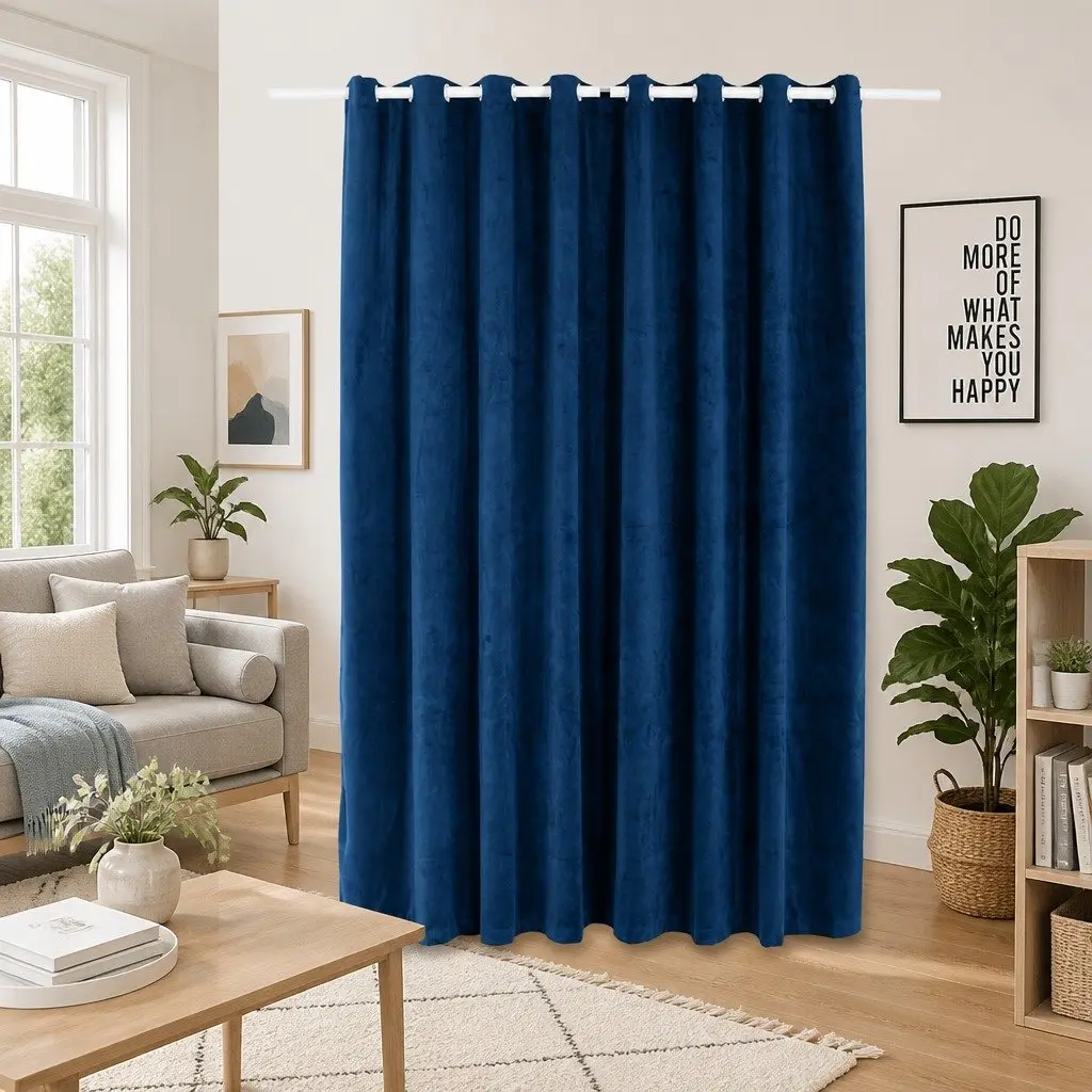 Curtain Velvet Blackout Dark Blue 290 x 245 cm with Metal Rings