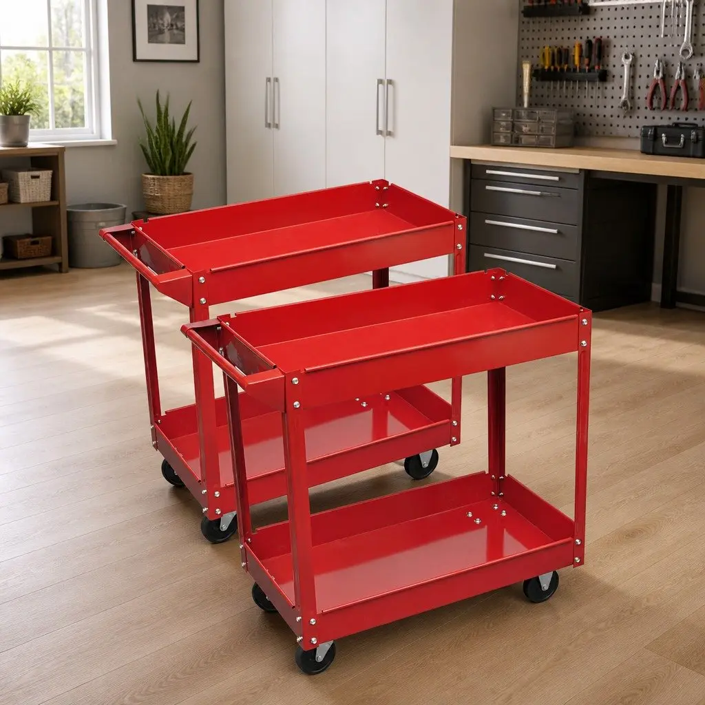Workshop Tool Trolley 2 Shelves 100kg Capacity Swivel Wheels Red