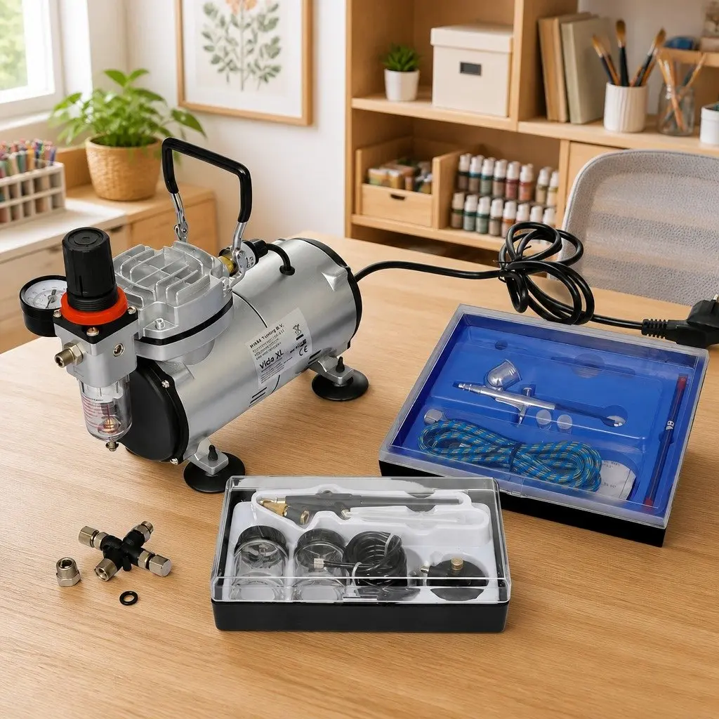 Airbrush Compressor Set Oil-Free Piston Mini Kit with Dual Spray Guns