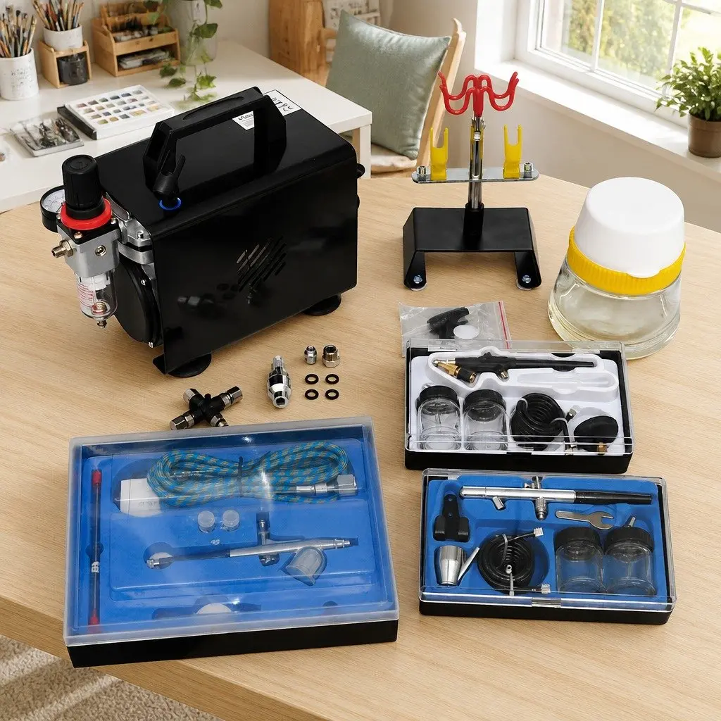 Airbrush Compressor Set Mini Piston with 3 Spray Guns 255x135x220mm Oil-Free Low Noise