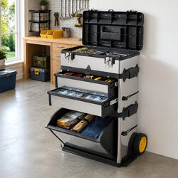 3-Part Rolling Tool Box with 2 Wheels Silver Mobile Storage Organiser