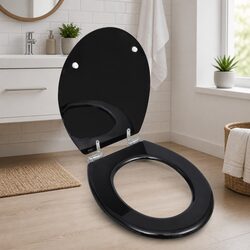 Black Toilet Seat with Soft Close Lid MDF Durable Chrome-Zinc Hinges Adjustable