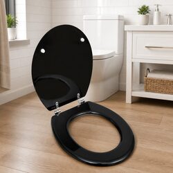 Universal Toilet Seat with MDF Lid Black Durable Chrome Hinges Bathroom Fixture