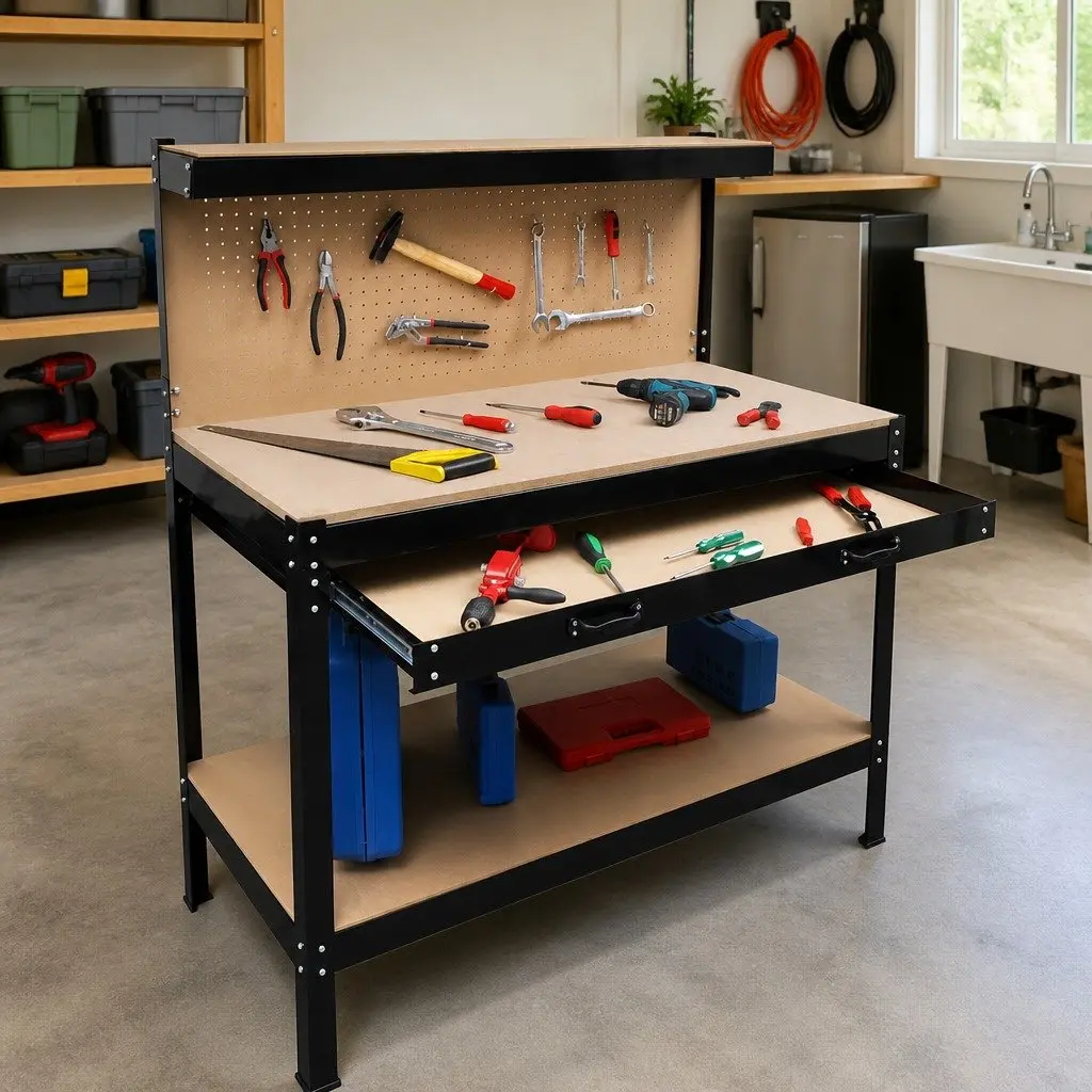Steel Workbench Brown Pegboard Hooks Drawer Storage Work Table