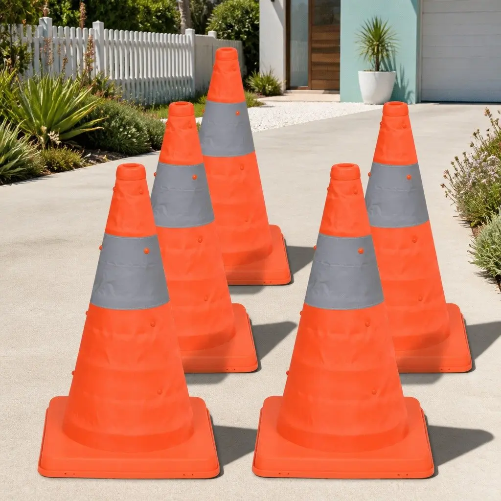 5x Pop Up Traffic Cones 42cm Collapsible Roadside Safety Cones Car Boot Kit