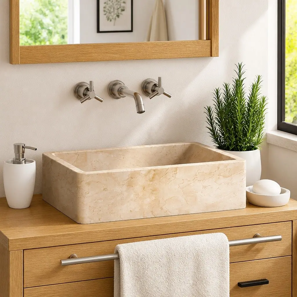 Bathroom Basin Sink 45x30x12cm Rectangular River Stone Marble Cream Washroom
