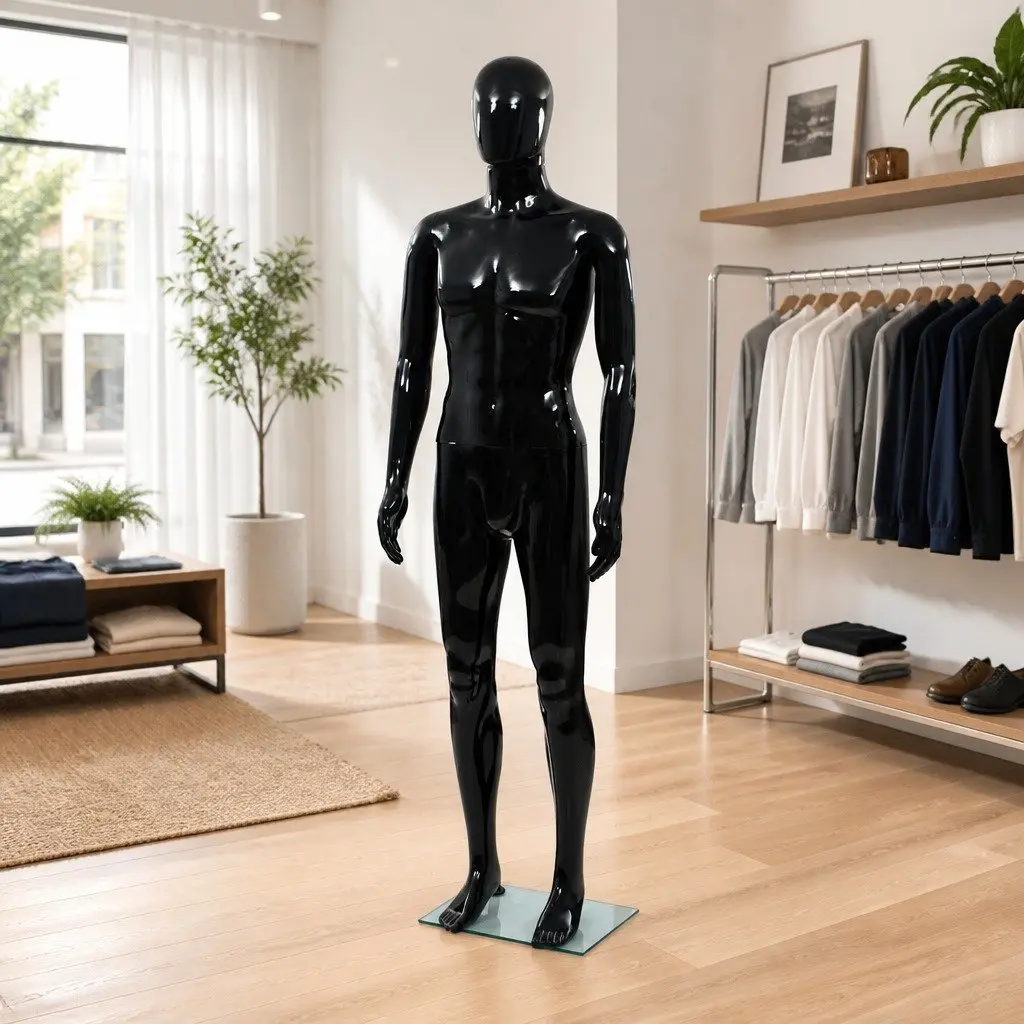 Full Body Male Mannequin Glossy Black 185cm Display Torso with Glass Base