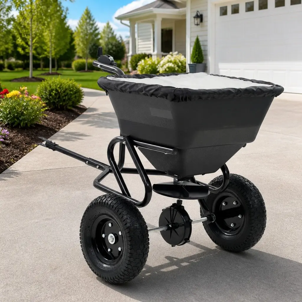 Tow Behind Spreader Salt Fertilizer Seeder 45L Black Tubular Steel Frame