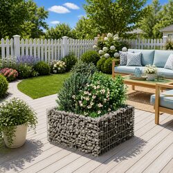 Gabion Raised Bed Garden Planter Silver Galvanised Steel 90x90x50cm Patio Border