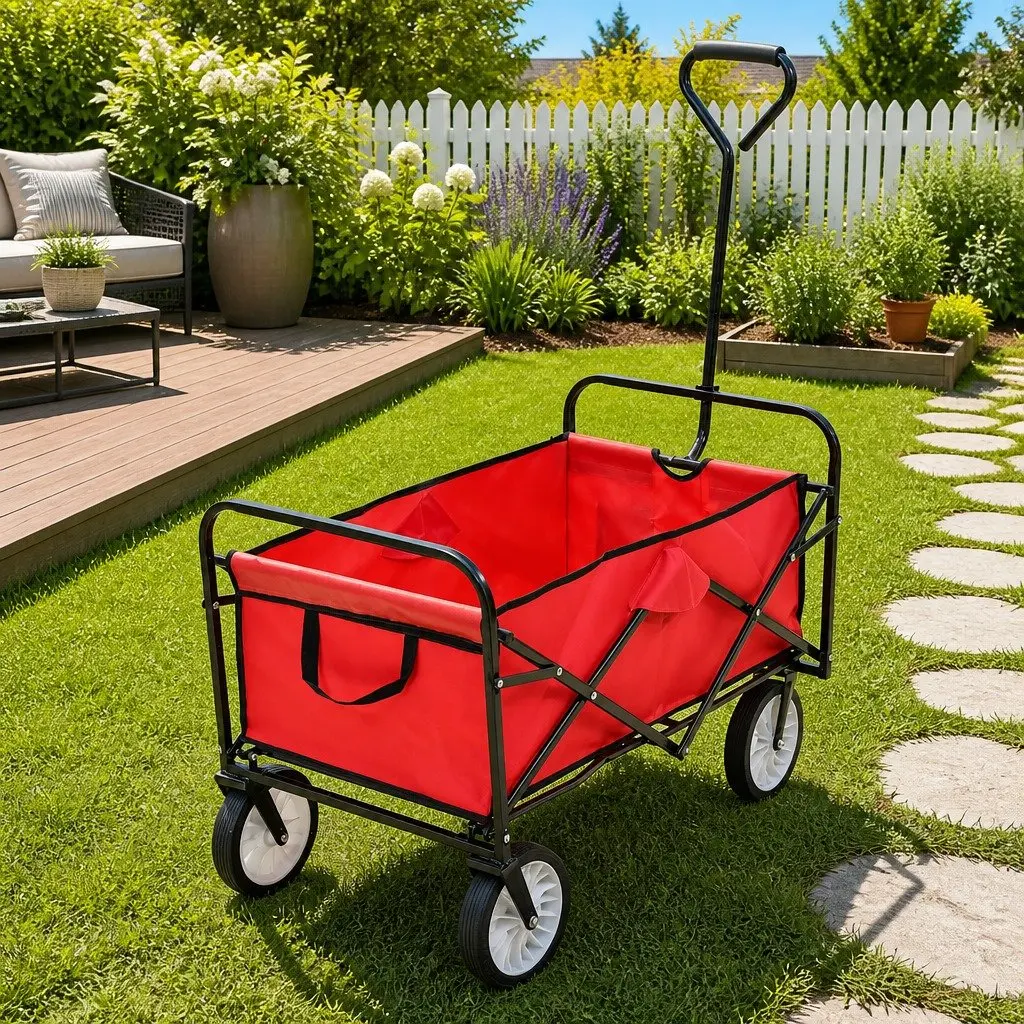 Folding Hand Trolley Steel Frame Garden Wagon Cart Heavy Duty Green
