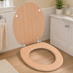 Toilet Seat with Lid Brown Bamboo Design MDF Durable Bathroom Fixture Easy