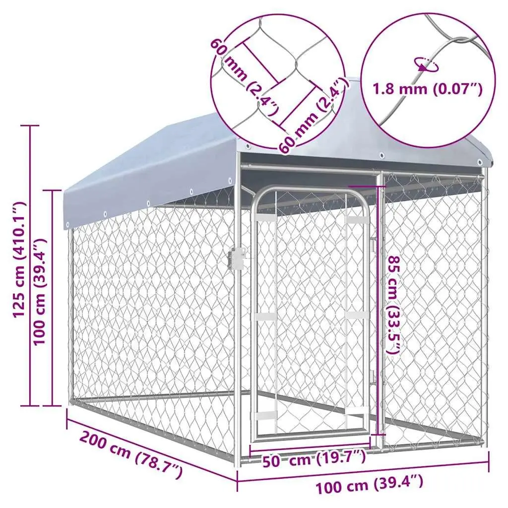 Outdoor Dog Kennel with Roof Large Silver Galvanised Steel Exercise Run Play Pen Enclosure