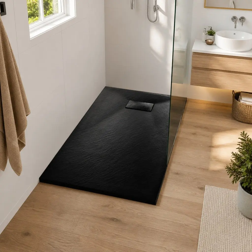 Shower Base Tray Low Profile 100x70 cm Black Slate Stone Surface Modern Bathroom