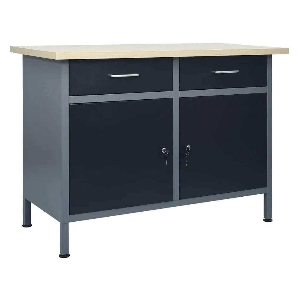 Heavy Duty Workbench 120x60x85 cm Black with 2 Drawers and Lockable Cabinets
