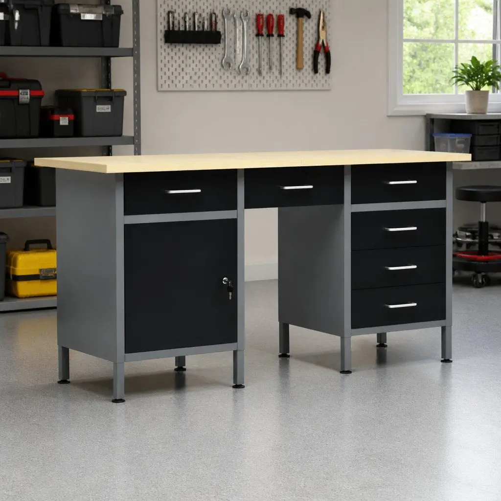 Heavy Duty Workbench 160x60x85cm 6 Drawers Lockable Cabinet Black Steel Engineered Wood