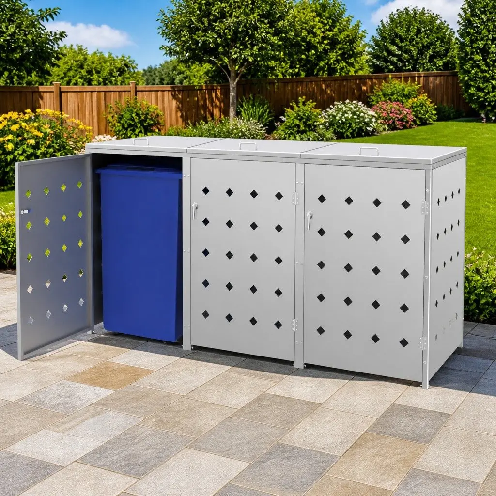 Triple Wheelie Bin Shed Stainless Steel 240L Garbage Storage Box Silver