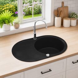 Kitchen Sink Single Basin Oval Black Granite Drainer Reversible Space Saver
