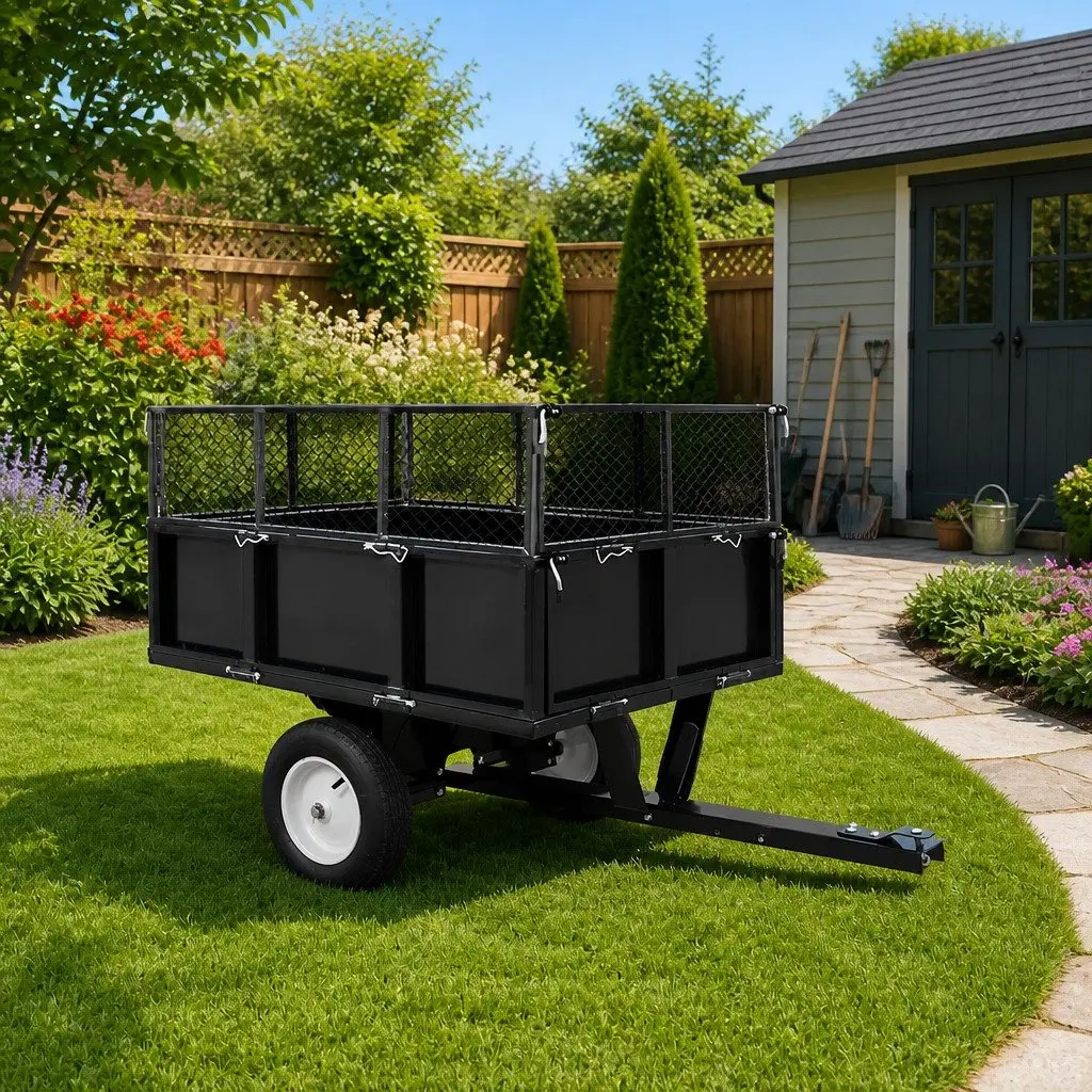 Tipping Trailer for Lawn Mower 300kg Load Capacity Extendable Height Garden Trolley