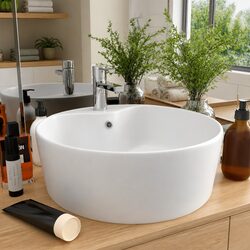Ceramic Wash Basin White Round Bathroom Vessel Sink Overflow 36x13 cm Matt