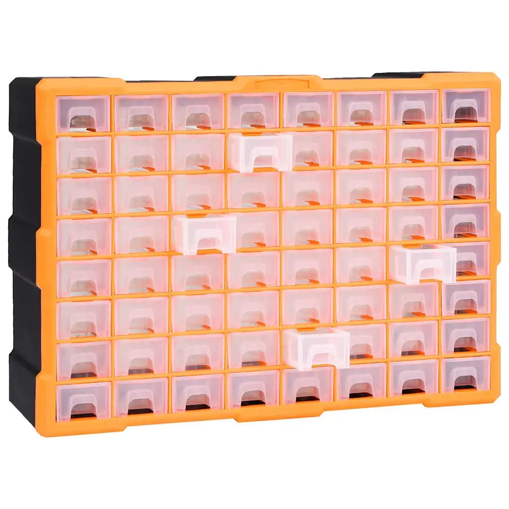 Multi-Drawer Organiser Tool Storage Box 64 Drawers Impact-Resistant Plastic Orange