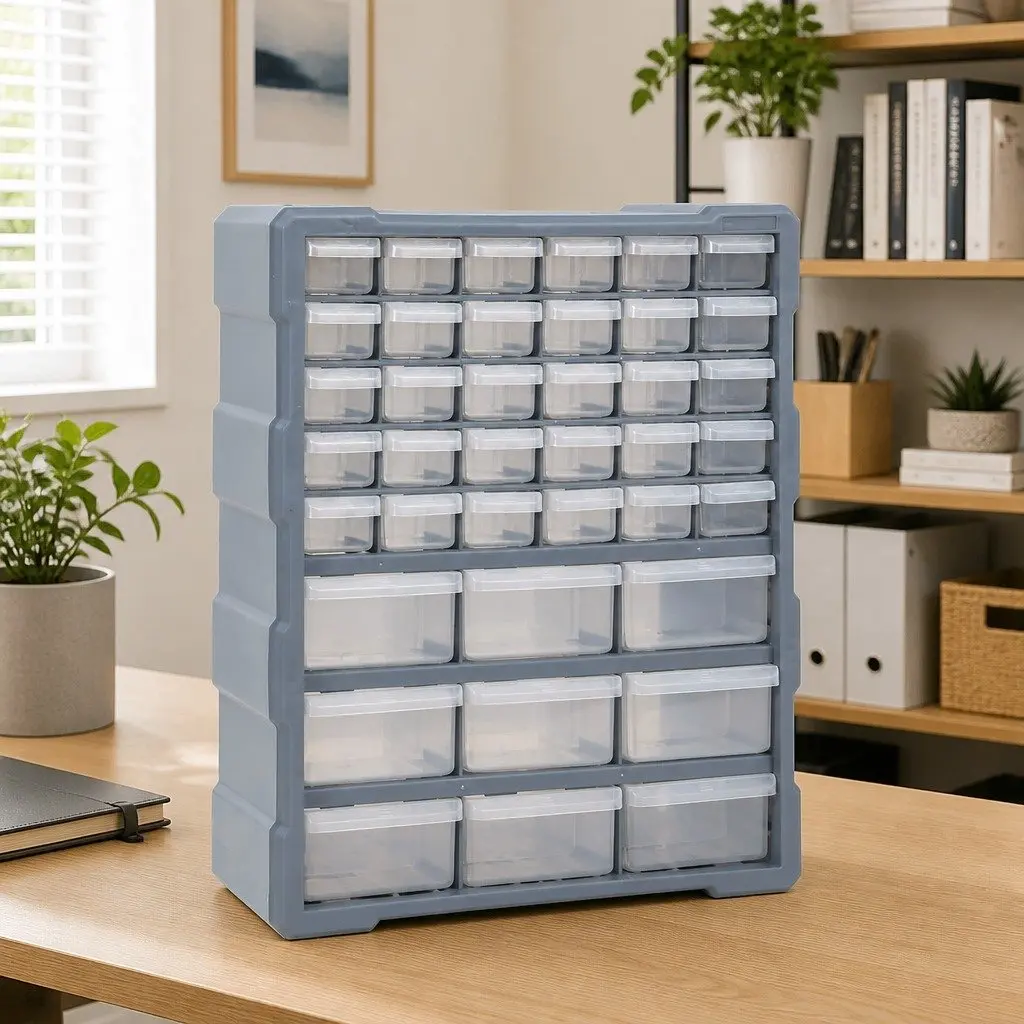 Multi-Drawer Organiser Tool Box 39 Drawers Grey Impact-Resistant Plastic Storage Cabinet