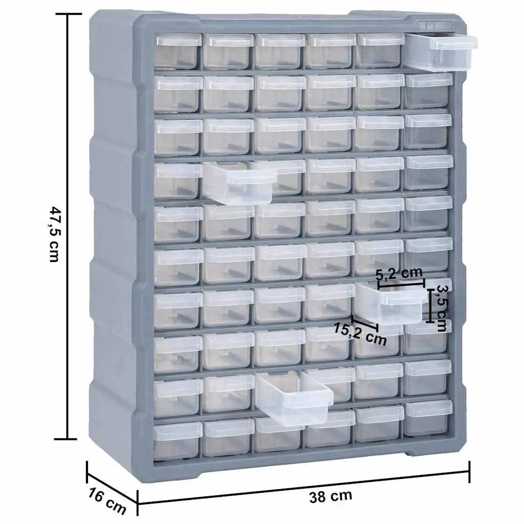 Multi-Drawer Tool Organiser 60 Transparent Drawers Grey Polypropylene