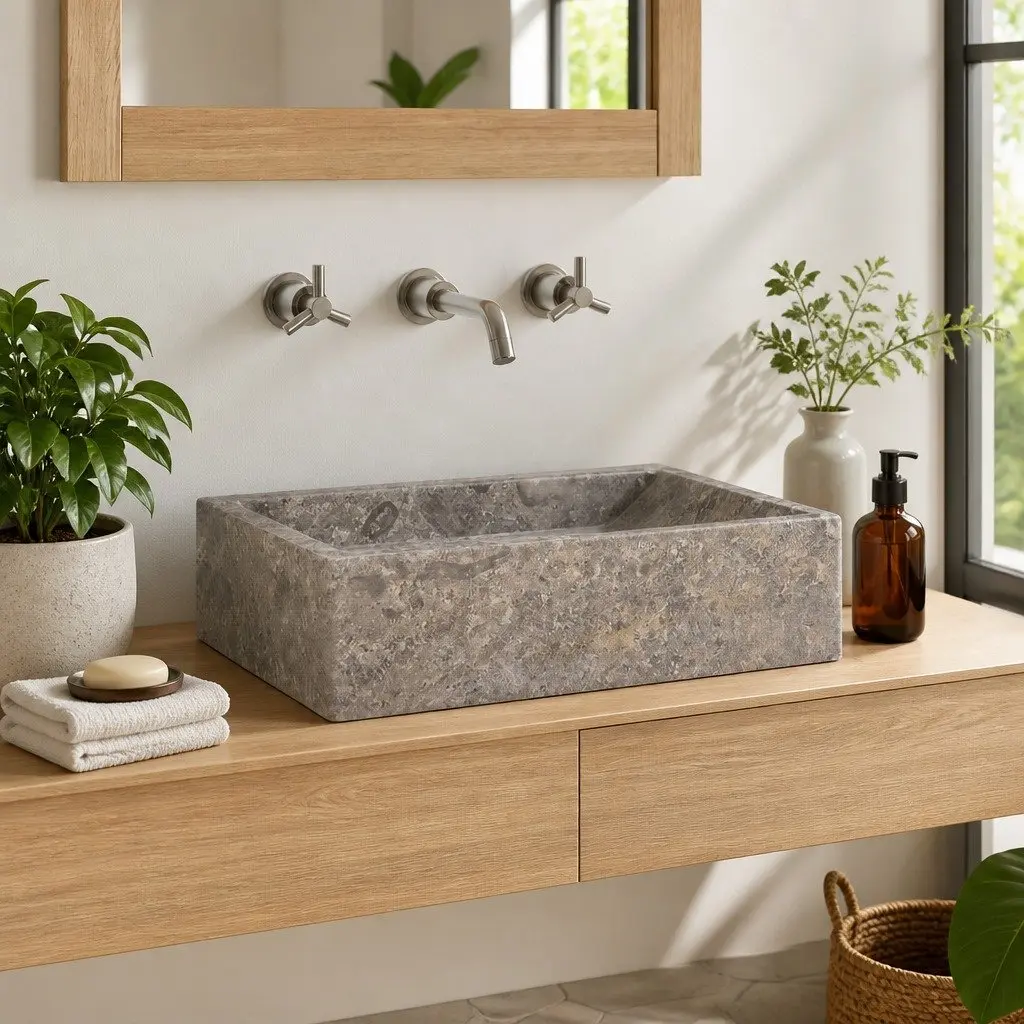 Bathroom Basin Marble Sink 45x30x12cm Grey High Gloss Modern Washroom Fixture