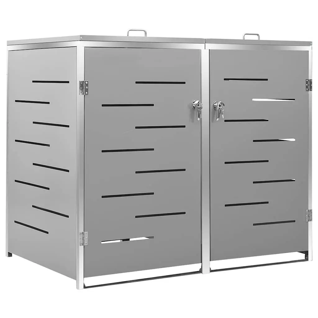Double Wheelie Bin Shed Garden Waste Container Enclosure Stainless Steel Frame Grey 138x77.5x115cm