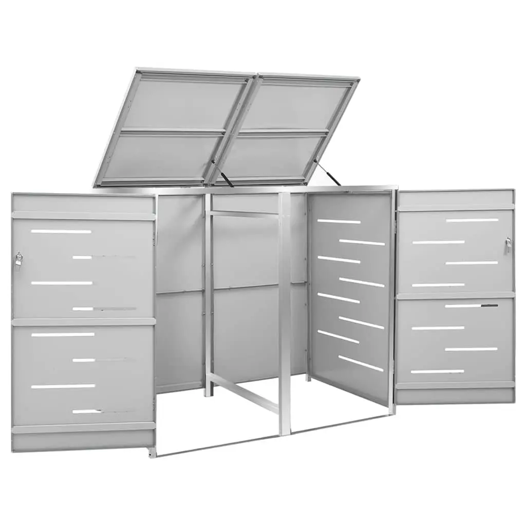 Double Wheelie Bin Shed Garden Waste Container Enclosure Stainless Steel Frame Grey 138x77.5x115cm