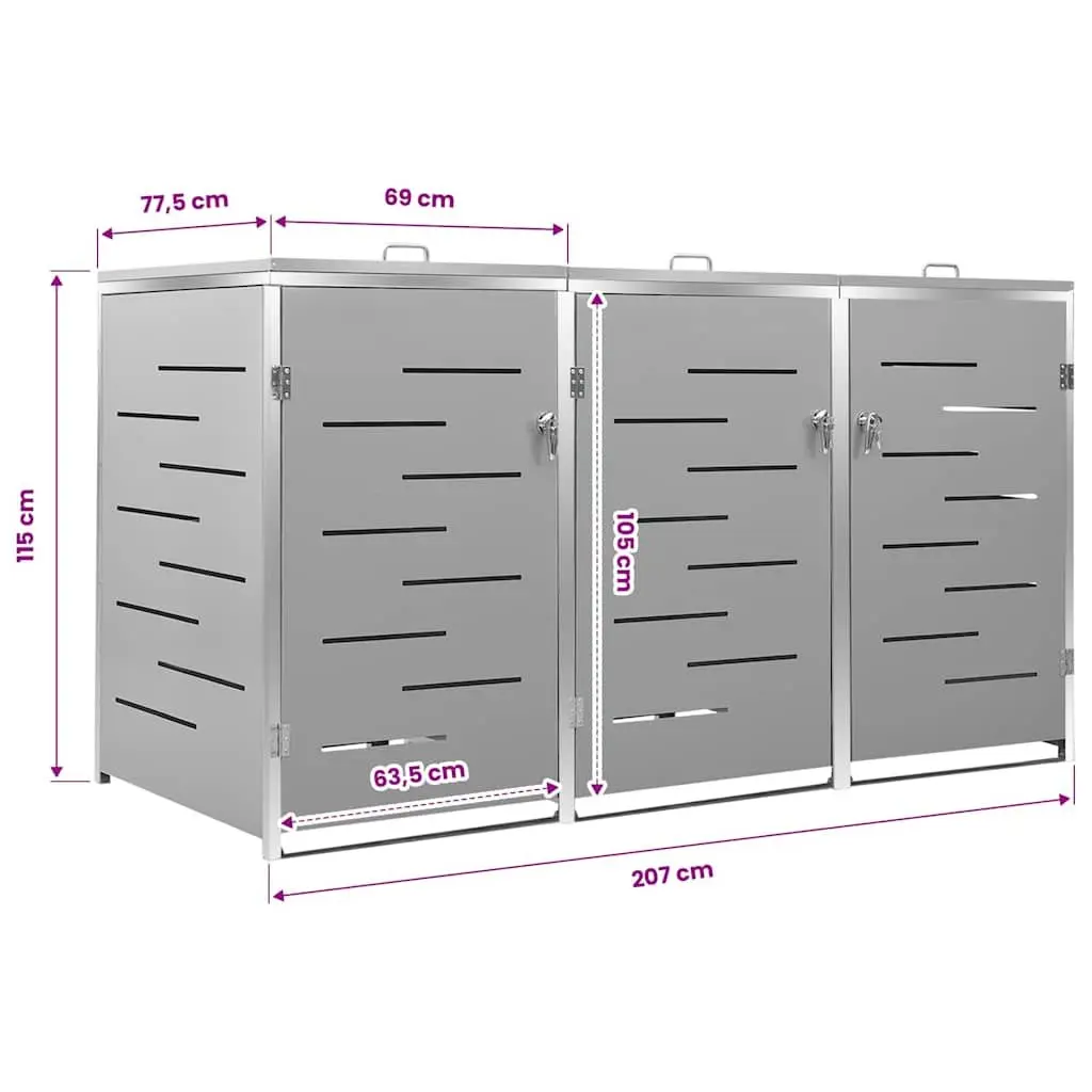 Triple Wheelie Bin Shed Outdoor Storage Galvanised Steel Grey