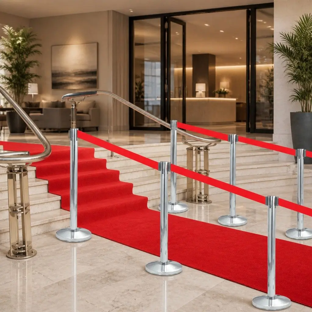 Safety Stanchions Retractable Belt Barriers 4 Piece Stainless Steel Silver