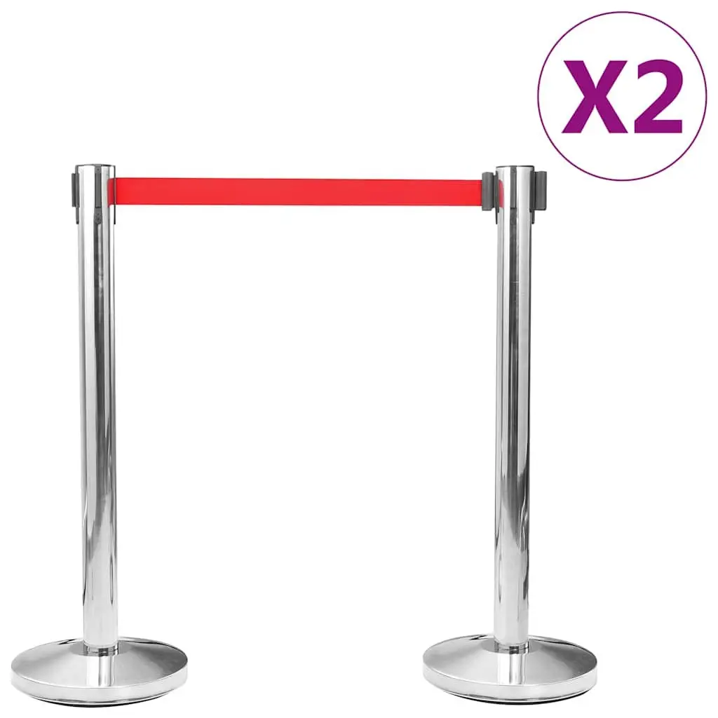 Safety Stanchions Retractable Belt Barriers 4 Piece Stainless Steel Silver